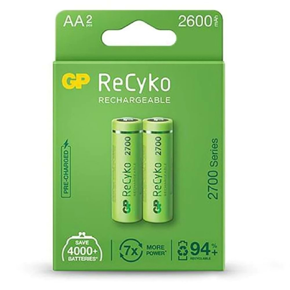 GP 2600 mAh AA Ni-MH Şarj Edilebilir Kalem Pil 2'li ReCyko 270AAHCE 2700 Serisi