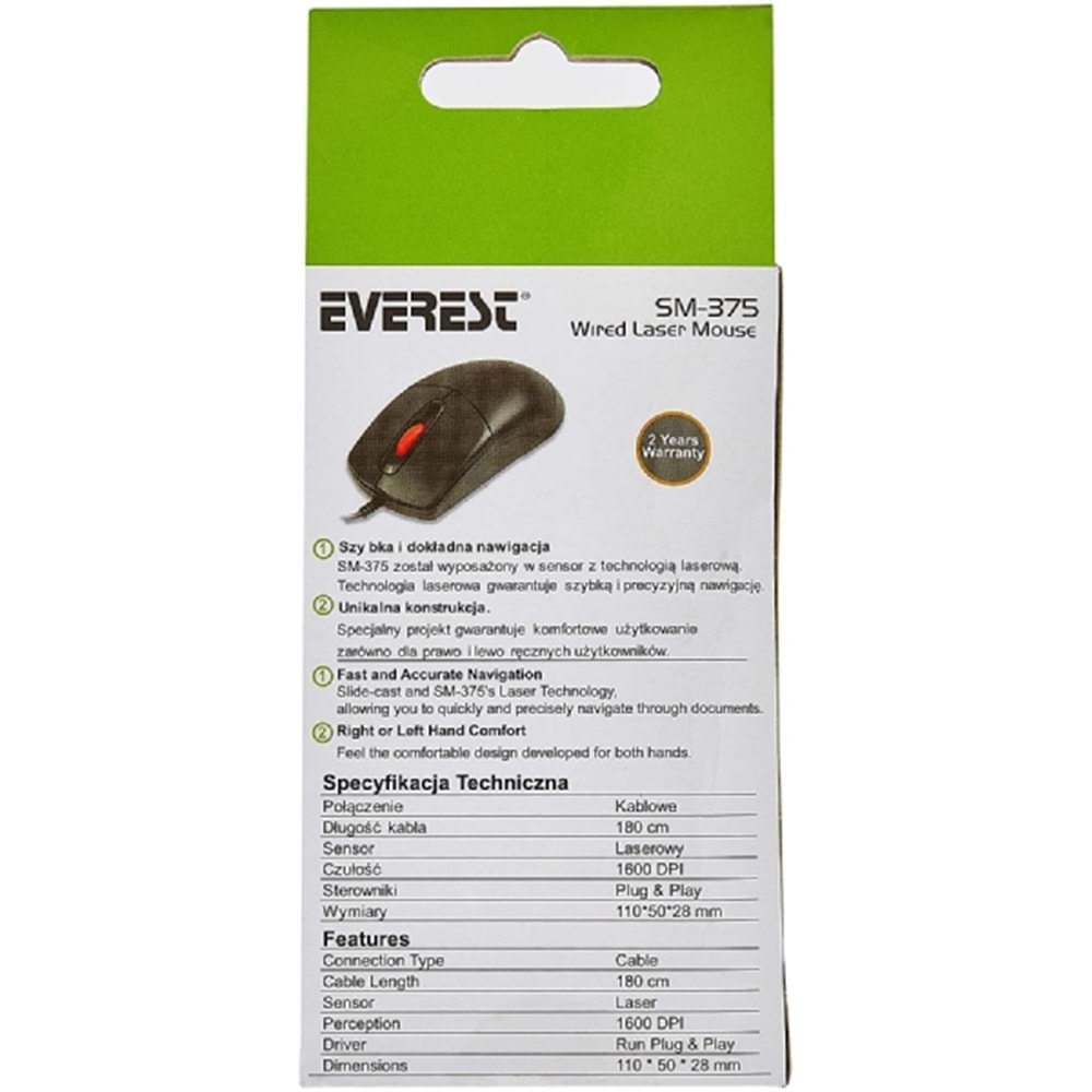 Everest SM-375 Usb Siyah 1600 dpi Lazer Mouse