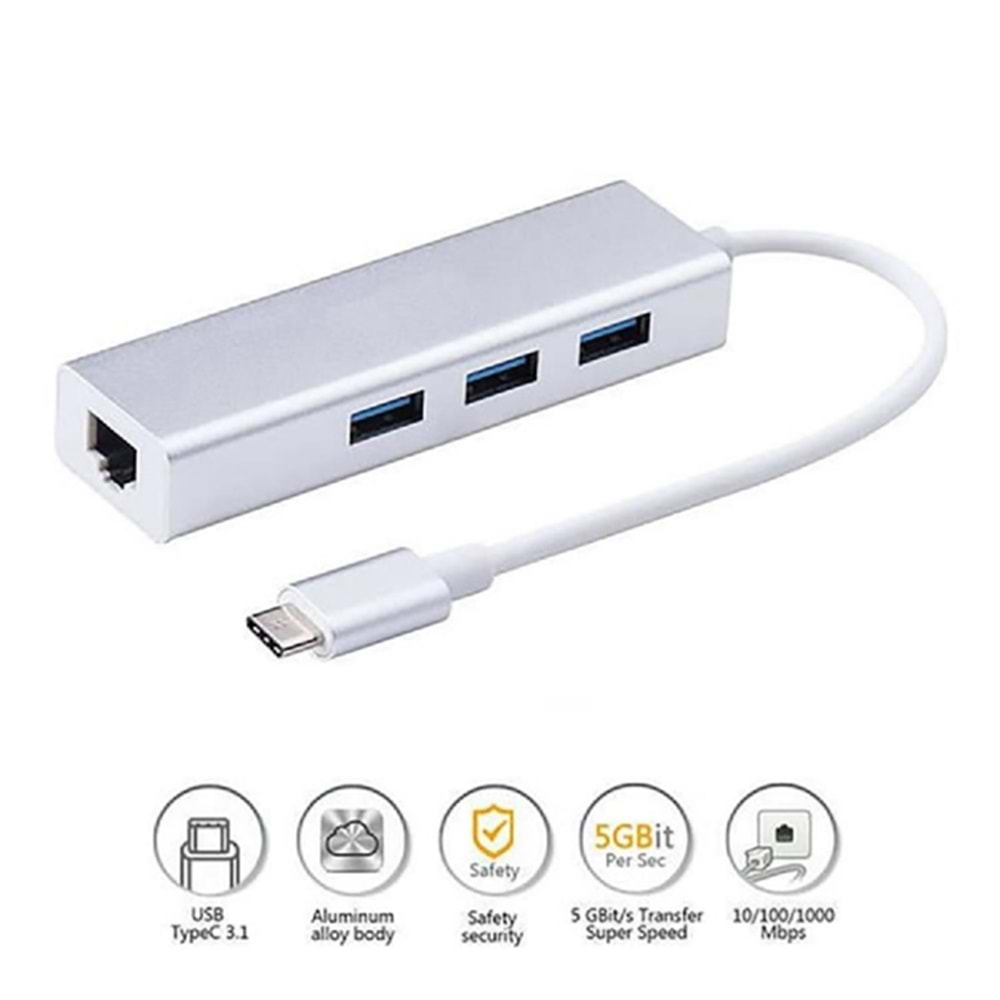 Type-c to 3 Port USB LAN Çevirici Hub