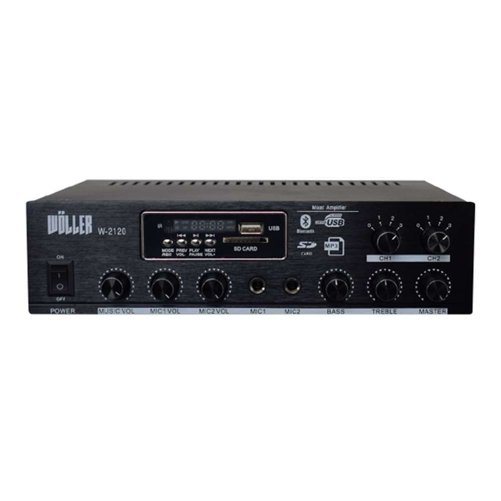 WÖLLER W-2120 2 Bölge Bağımsız KontrolMaximum 100 Watt Çıkış Gücü70-100V ve 4-16 ohm ÇıkışUsb/Sd Kart/ Bluetooth2 Mikrofon GirişiBass/Tiz/Echo Kontrol