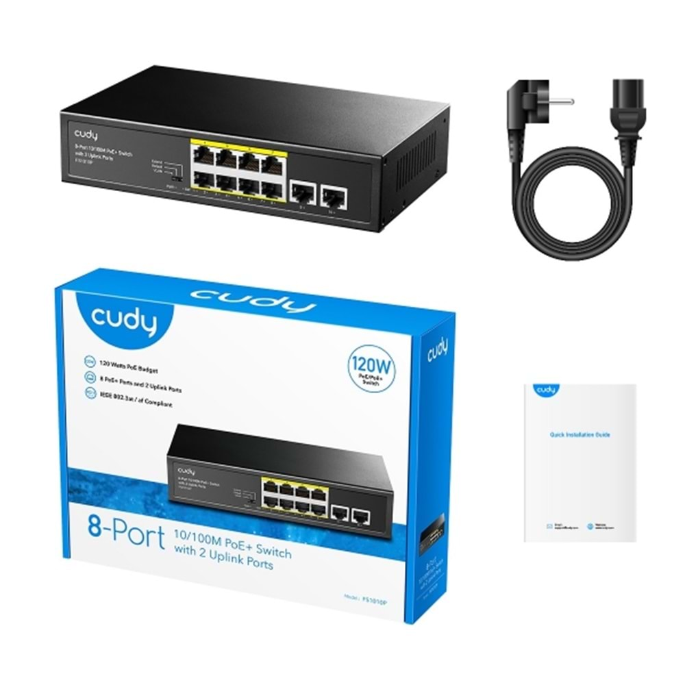 CUDY FS1010P 8 Port 10/100 Yönetilemez +2 Port Mb. Desktop (8 Port Poe+) 120W Switch