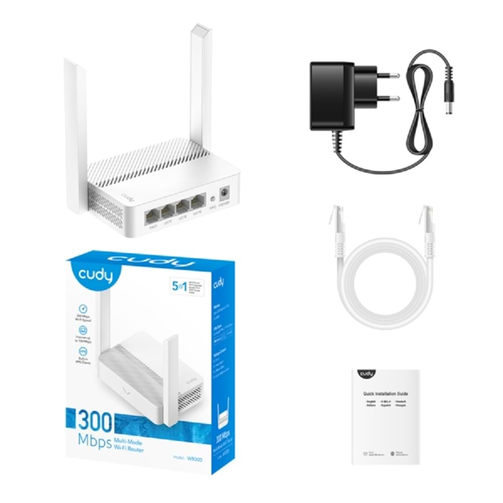 CUDY WR300 4 Port 10/100Mbps 300mbps 2 Anten Masaüstü RouterN300 Wi-Fi Router, Chipset MediaTek, 802.11b/g/n,300Mbps at 2.4GHz, 4 × 10/100Mbps Ports, 2 × 5dBi fixed antennas, WiFi router/AP/ Repeater/WISP Mode, Guest network, WPS, DDNS, VPN Client, I