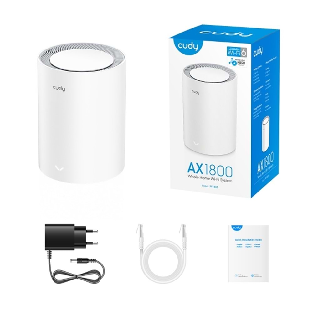 CUDY M1800(1-Pack) 2 Port 10/100/1000Mbps AX1800 4 Anten Masaüstü Access PointAX1800 Wi-Fi 6 Mesh Solution 1-Pack, Chipset MediaTek, Dual-Band, 802.11ax/ac/a/b/g/n, 1201Mbps at 5GHz + 574Mbps at 2.4GHz, 2 Gigabit Ethernet Ports, 4 internal antennas,