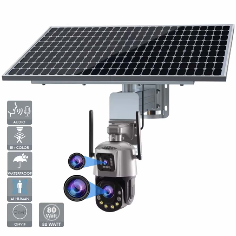 YOOSEE YS-SO40 36x 4G Sim Kartlı Solar Güneş Panelli 8MP ULTRA HD ( 4+4MP 4K) 80 WATT 18650MA BATARYA Optik Zoomlu HAREKET BİLDİRİMİ UYGULAMA ICSEE SESLİ ALARM ÇİFT YÖNLÜ SESLİ İLETİŞİM MİNİMUM 32GB MAXİMUM 128GB Çift Kameralı Güvenlik Kamerası