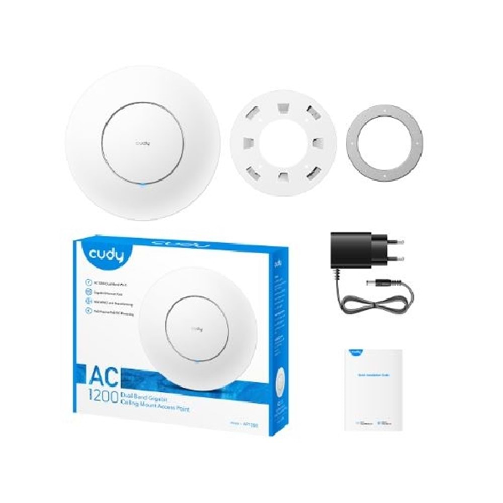 CUDY AP1300 1 Port 10/100/1000Mbps AC1200 4 Anten Tavan Tipi Access PointAC1200 Dual Band Gigabit Ceiling Mount Access Point, MT7621DAN+MT7613B+MT7603E, 867Mbps at 5GHz + 300Mbps at 2.4GHz, 1 x GbE RJ45 Port, Support 12V DC or 802.3af PoE or Passive