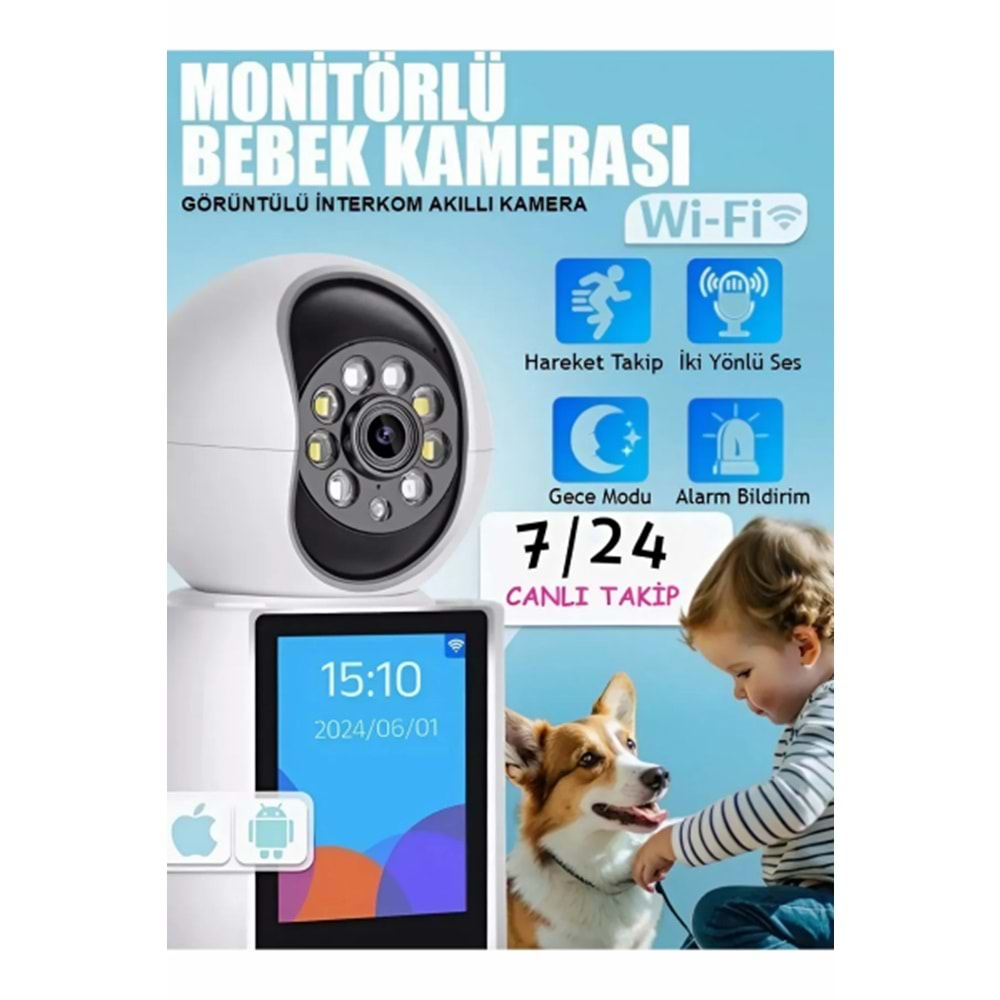 ALOSAT 4234 Monitörlü Smart Ip Full Hd 360° Akıllı Bebek Kamerası İki Yönlü Ses Gece Görüşlü Güvenlik Sistemi