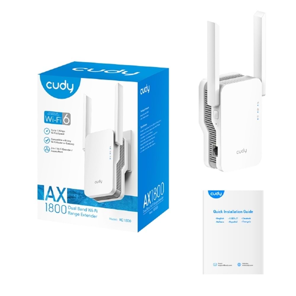 CUDY RE1800 1xGbit port AX1800 2 Anten Wi-Fi Mesh Menzil GenişleticiAX1800 Wi-Fi 6 Mesh Repeater, AP mode, Chipset MediaTek, Cudy Mesh Support, 1201Mbps at 5GHz + 574Mbps at 2.4GHz, 802.11ax/ac/a/b/g/n, 1 Gigabit ethernet Port, WPS button, Intelligen