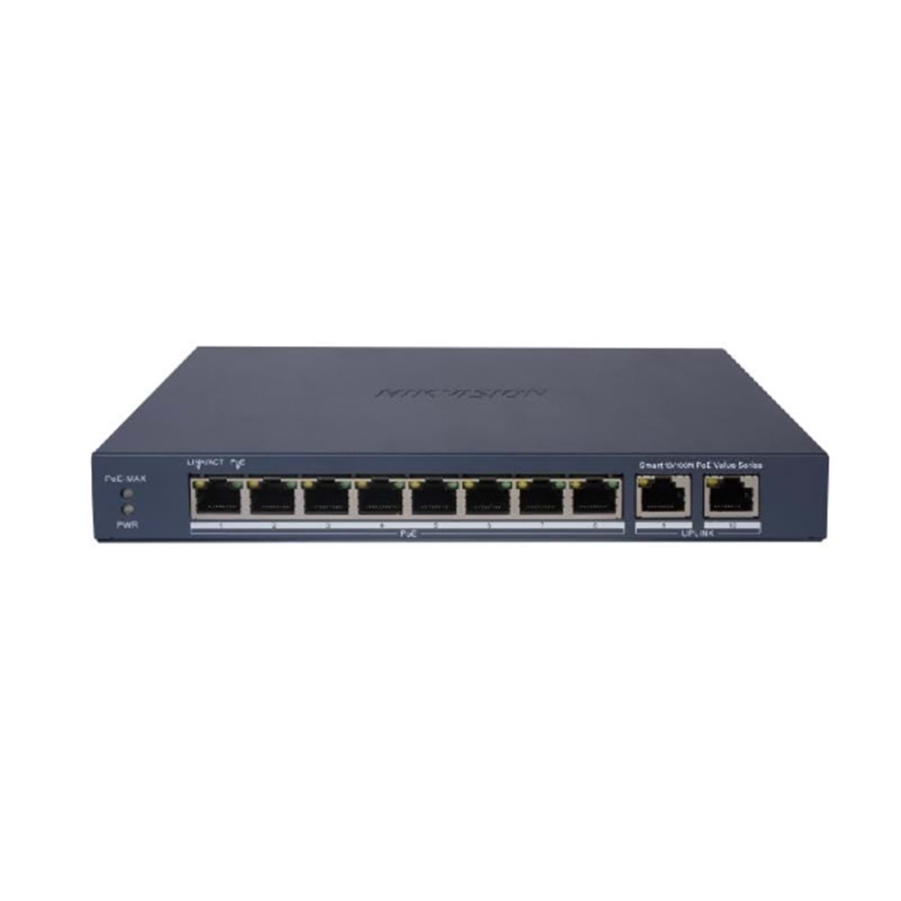 HIKVISION DS-3E1310P-EI/M 10 Port Mbit 8 Port PoE 60W 2xGbit Uplink Desktop Yönetilemez Metal Kasa Switch