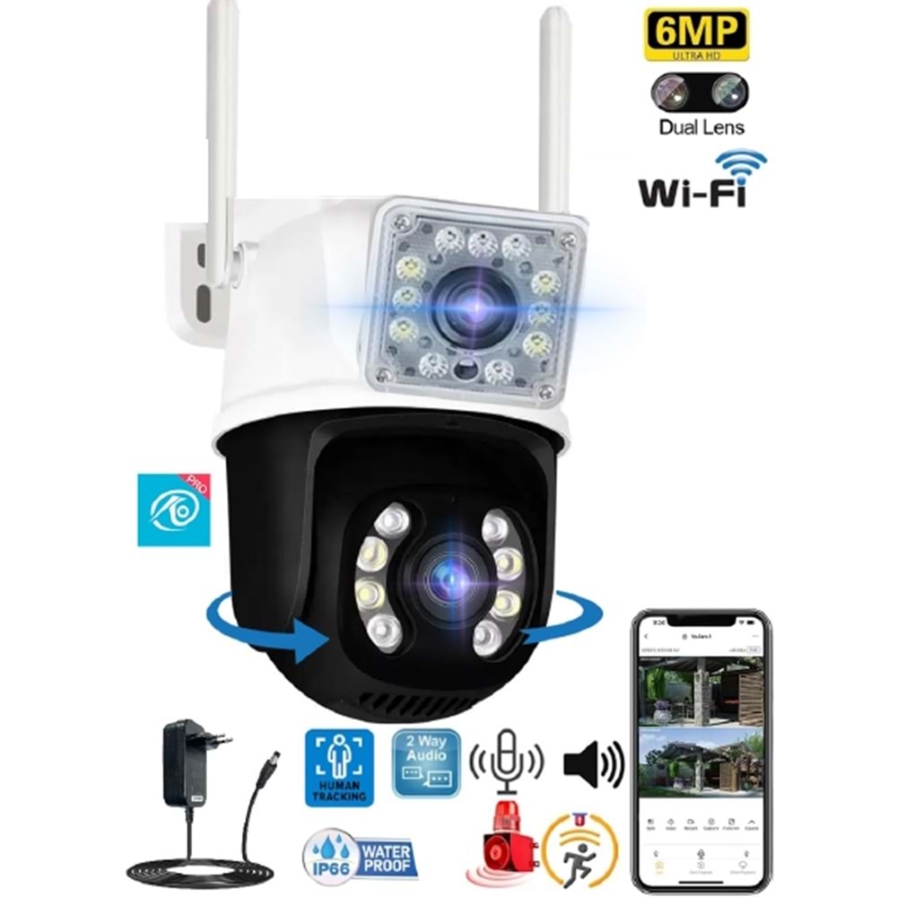 O-Kam 3012 Dual Lens 6MP Wifi Akıllı Kamera , Yapay Zeka, Gece Görüş, Karşılıklı Konuşma