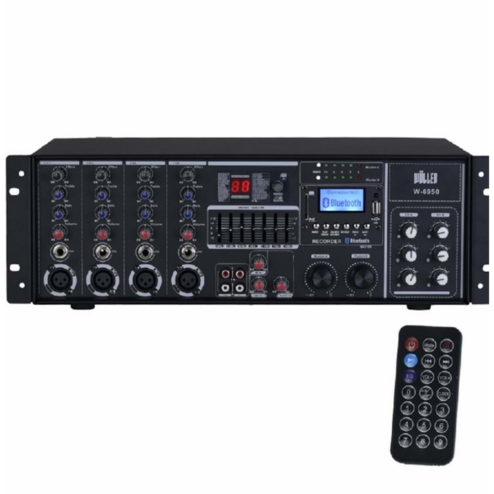 WÖLLER 2X500W 4 Kanal 70-100V 8 Ohm 99 Dsp Efekt 6 Bölge Kontrol Mixer Amfi W-6950