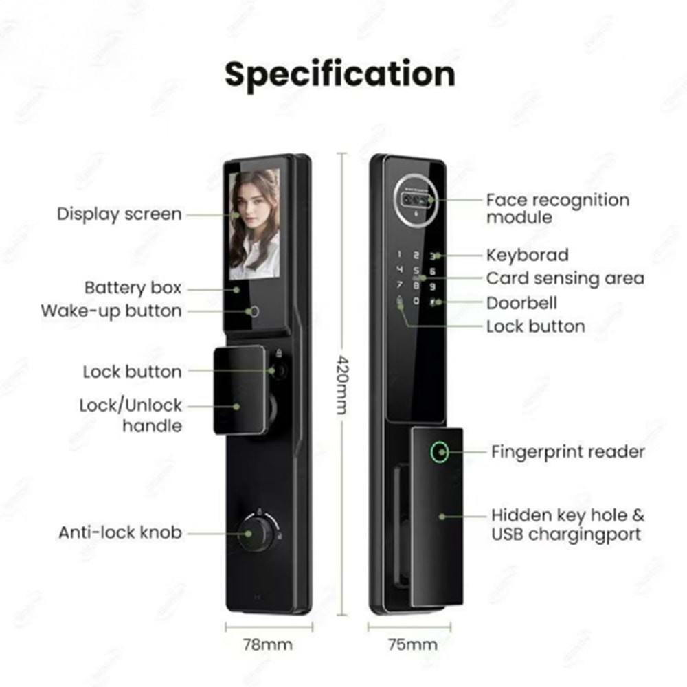ALOSAT KL6085 MOTORLU KİLİT YÜZ TANIMA , PARMAK İZİ, KART, TUYA SMART LİFE AKILLI KAPI KİLİT SETİ