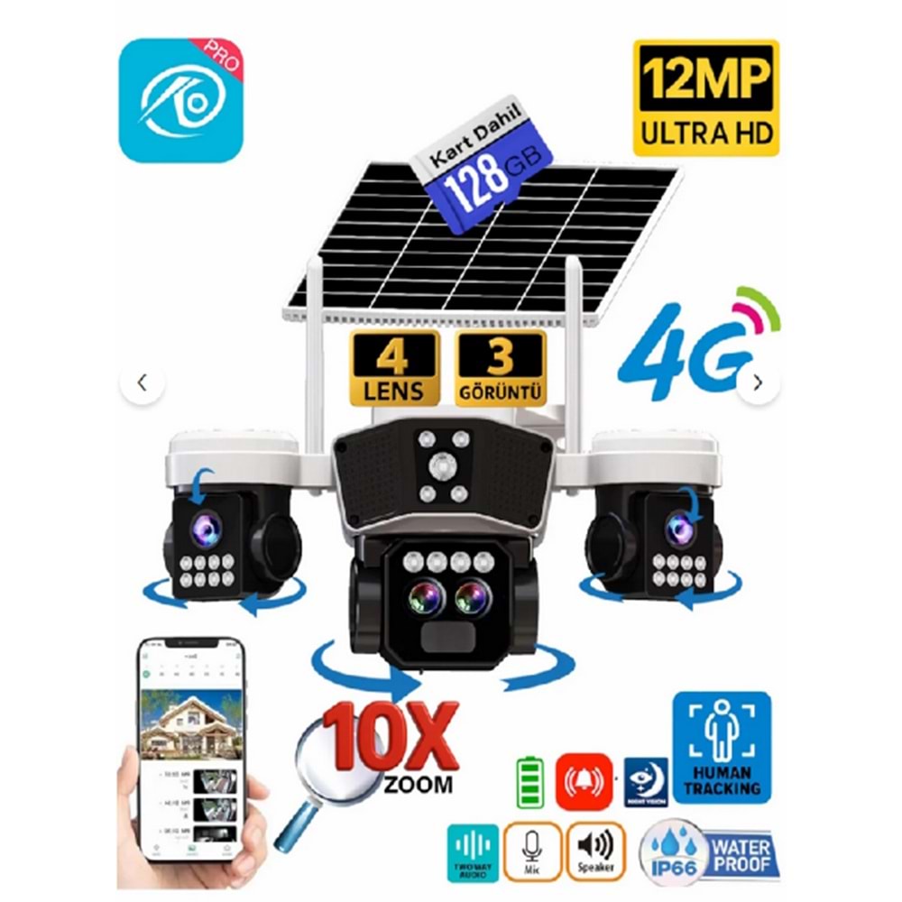 O-KAM 9095 128GB 12MP 10X Zoom 4 Lens 3 Ekran UltraHD 4G Solar Akıllı Güvenlik Kamerası