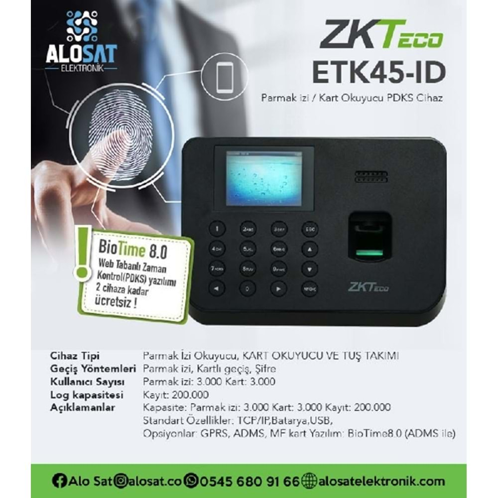 ZKTeco ETK45-A-ID Parmak izi/Kart Okuyucu PDXS #alosat