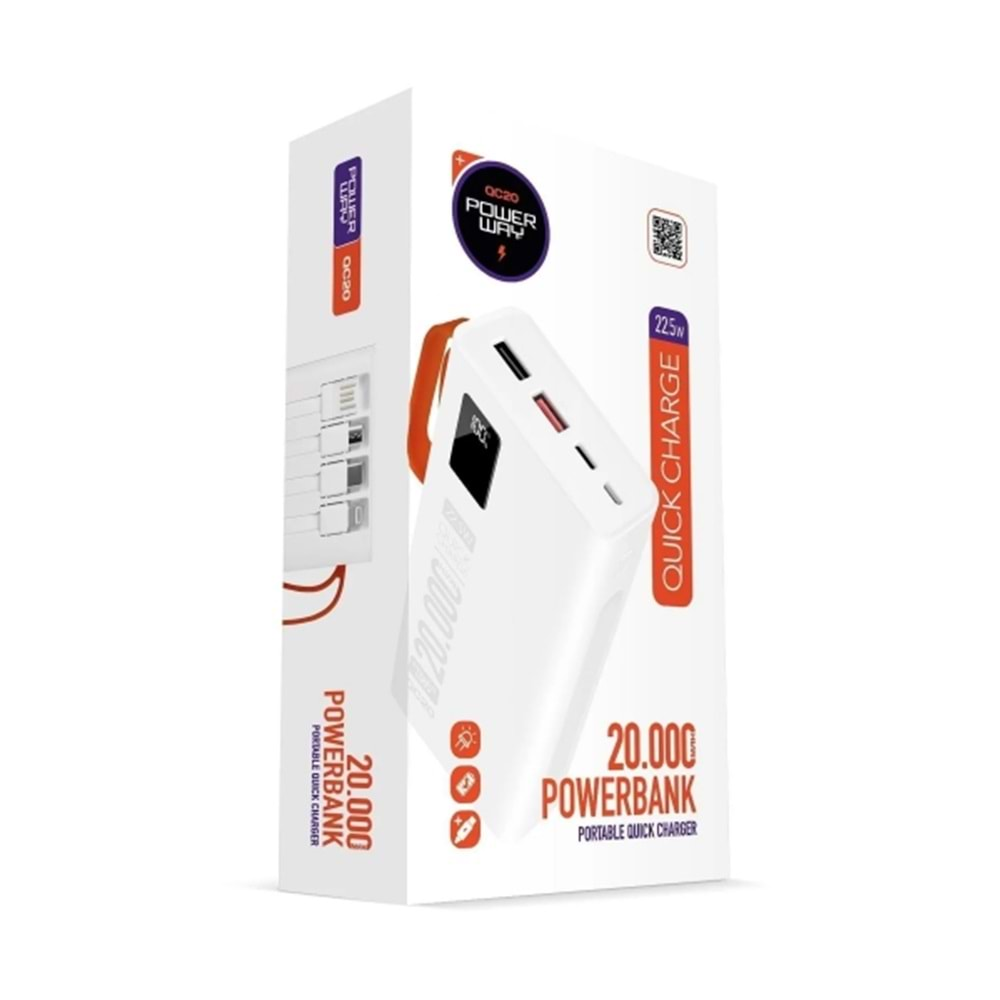 Powerway 20.000 Mah Pd 22.5w Kablolu 3.0 Hızlı Şarj Gerçek 20.000 Mah Garantili Işıklı Qc20 Beyaz Powerbank QC20