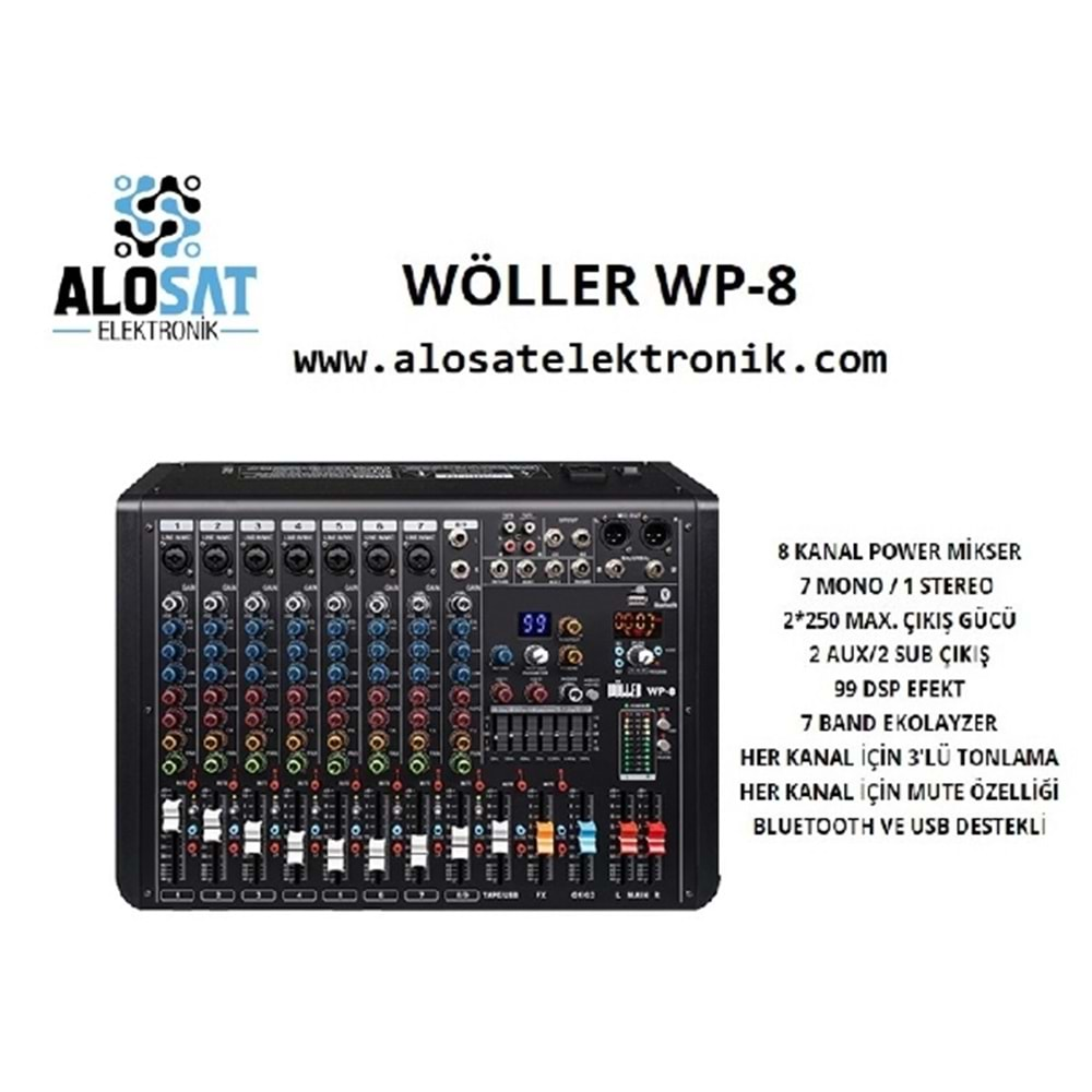 WÖLLER WP-88 KANAL POWER MİKSER7 MONO / 1 STEREO 2*250 MAX. ÇIKIŞ GÜCÜ2 AUX/2 SUB ÇIKIŞ99 DSP EFEKT7 BAND EKOLAYZERHER KANAL İÇİN 3'LÜ TONLAMAHER KANAL İÇİN MUTE ÖZELLİĞİBLUETOOTH VE USB DESTEKLİ