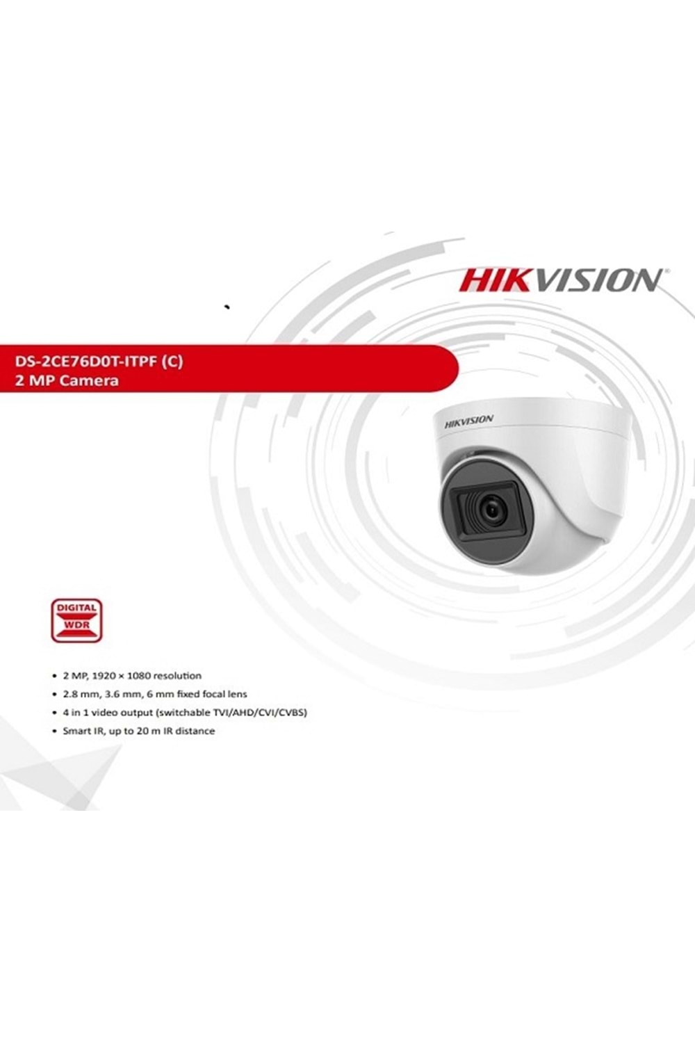 Hikvision DS-2CE76D0T-ITPF 2 Mp 2.8mm Sabit Lens Ir Dome Kamera