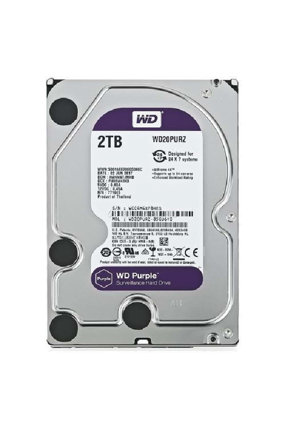 2TB Distribütör WD Purple HDD 64MB SATA 6 Gb/s1 3.5 7/24