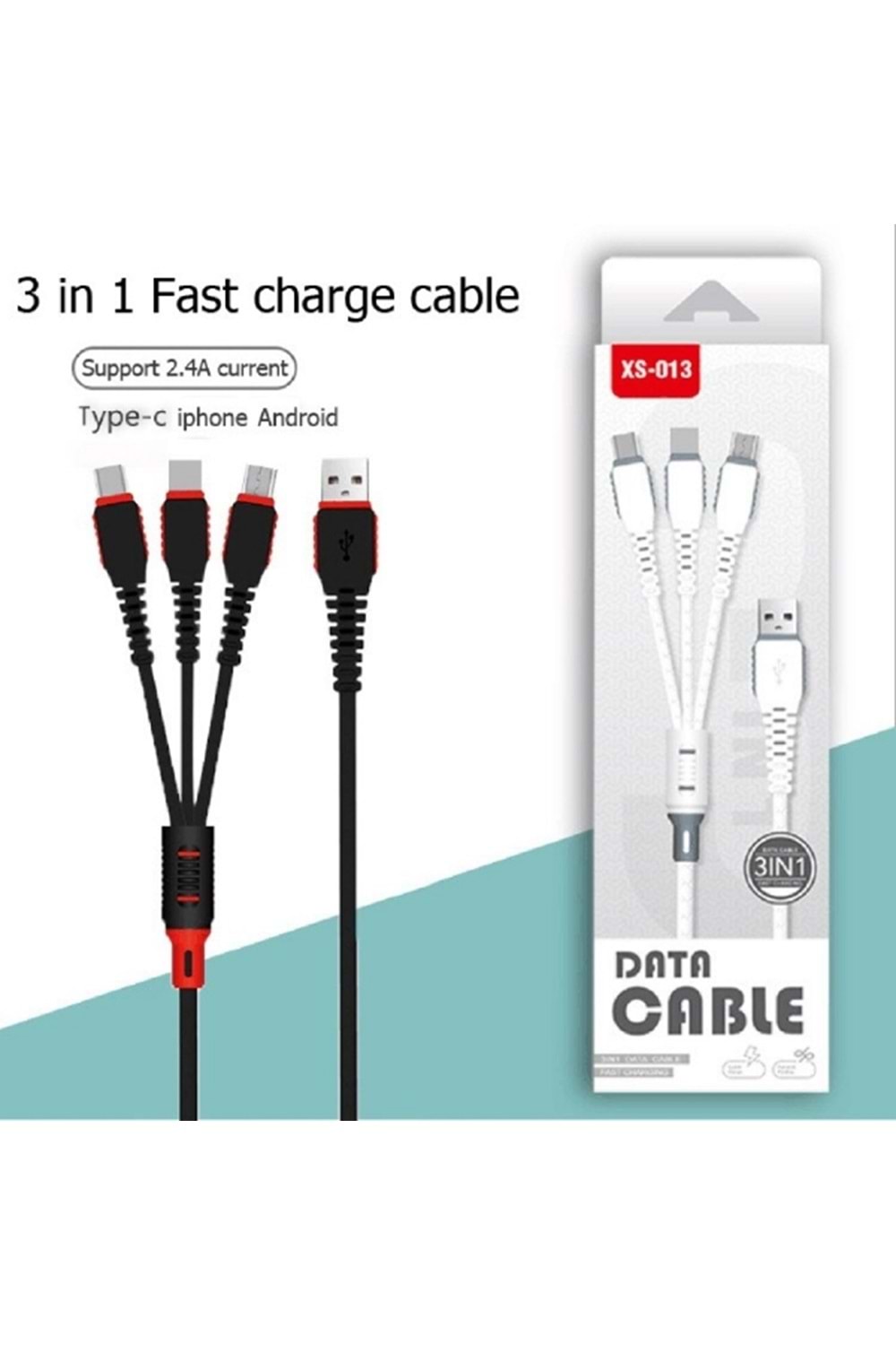 Xs-013 3ın1 Data Şarj Kablosu 2.4AMP SİYAH BEYAZ KABLO