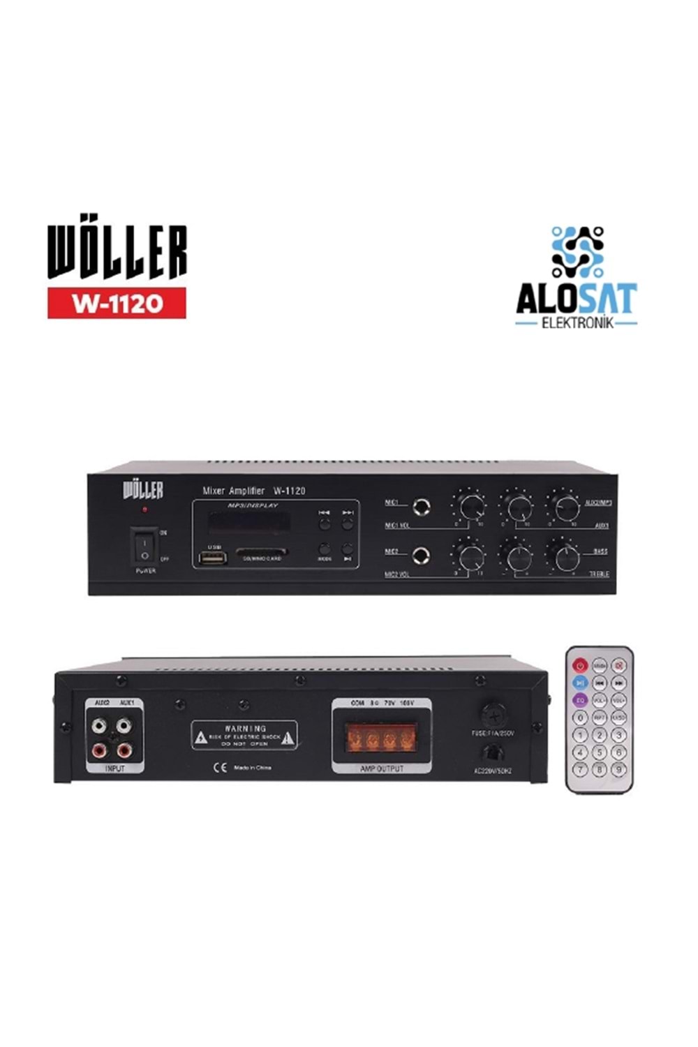 WÖLLER W-1120 80 Watt Çıkış Gücü70-100V ve 4-16 Ohm ÇıkışUsb/Sd Kart/ Bluetooth2 Mikrofon GirişiBass/Tiz Kontrol