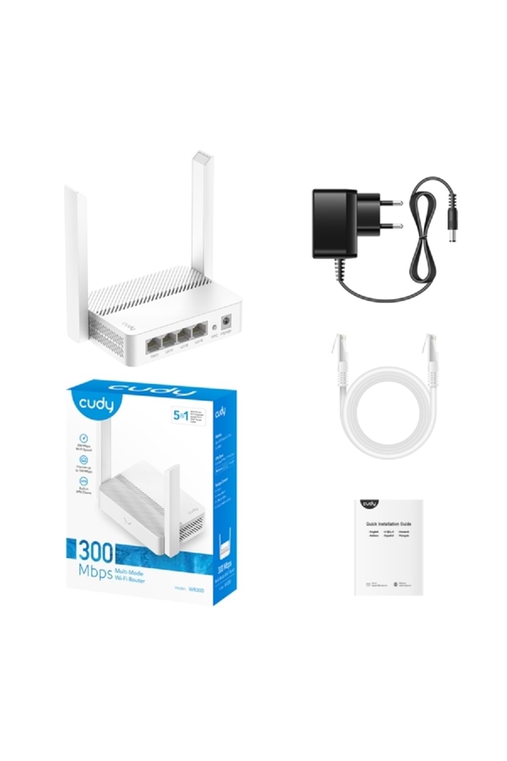 CUDY WR300 4 Port 10/100Mbps 300mbps 2 Anten Masaüstü RouterN300 Wi-Fi Router, Chipset MediaTek, 802.11b/g/n,300Mbps at 2.4GHz, 4 × 10/100Mbps Ports, 2 × 5dBi fixed antennas, WiFi router/AP/ Repeater/WISP Mode, Guest network, WPS, DDNS, VPN Client, I