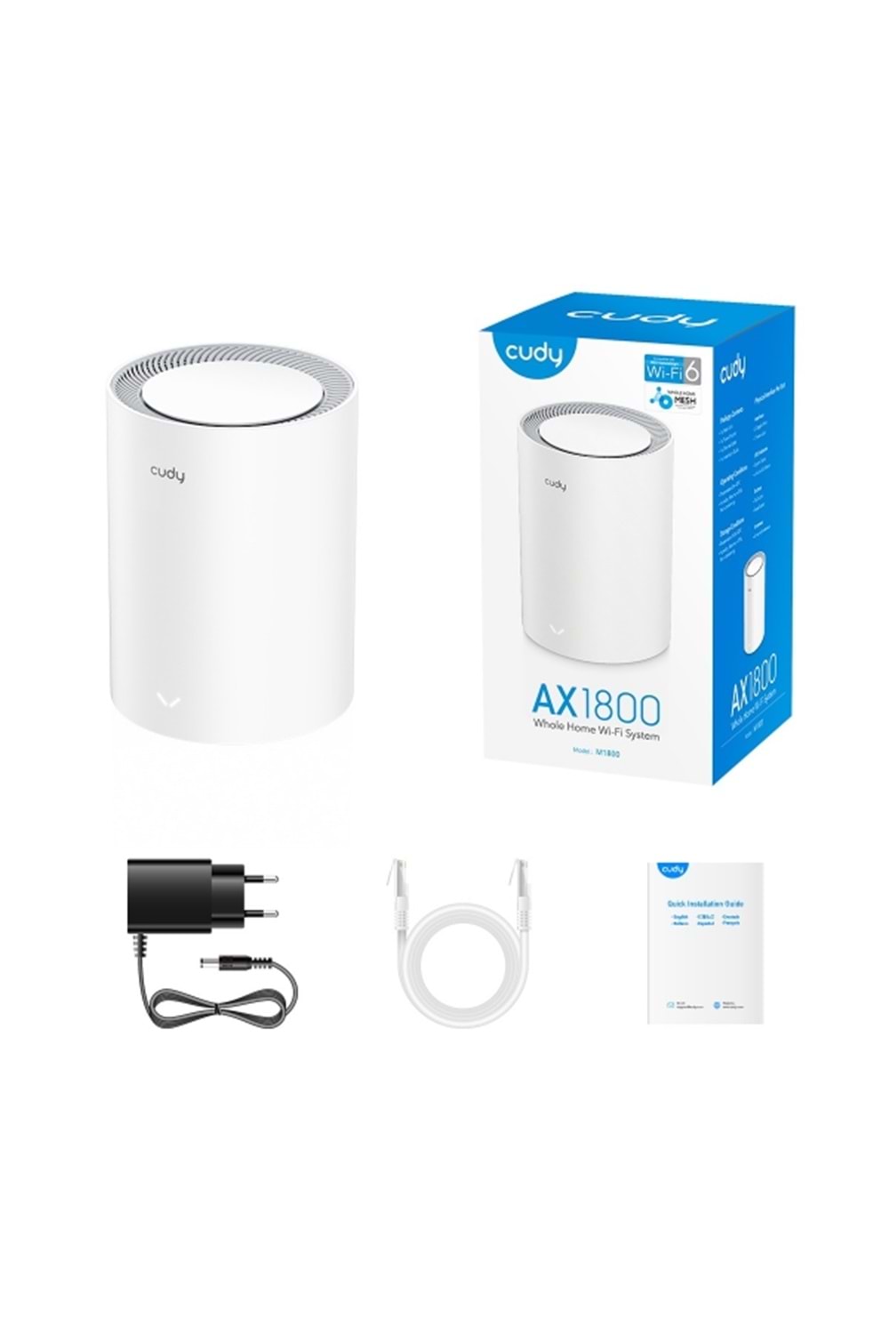 CUDY M1800(1-Pack) 2 Port 10/100/1000Mbps AX1800 4 Anten Masaüstü Access PointAX1800 Wi-Fi 6 Mesh Solution 1-Pack, Chipset MediaTek, Dual-Band, 802.11ax/ac/a/b/g/n, 1201Mbps at 5GHz + 574Mbps at 2.4GHz, 2 Gigabit Ethernet Ports, 4 internal antennas,