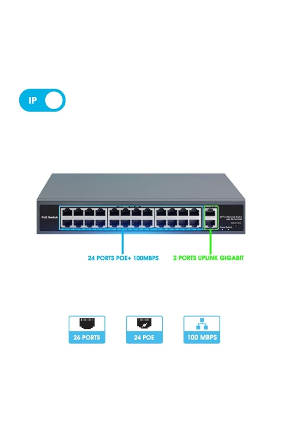 ALOSAT Switch 24PORT POE 100Mbps + 2 PORT Uplink gigabit 1000 Mbps