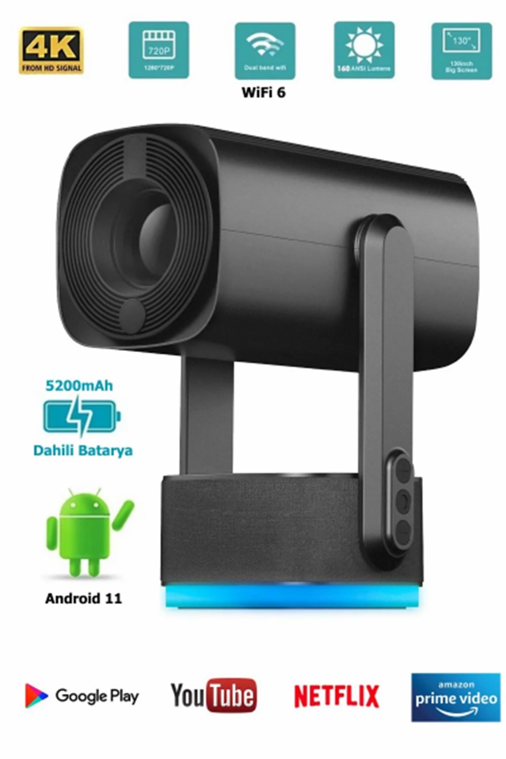 EVEREST PJ08 1280 X 720 150 ANS Android 11 Taşınabilir Projeksiyon