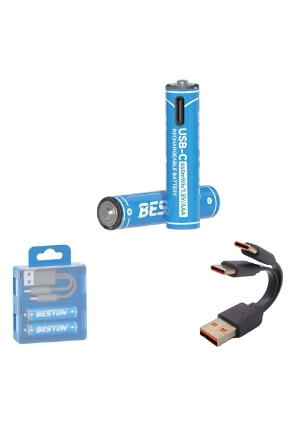 BESTON USB Type-C Kablo ile Şarj Edilebilir Lityum 2'li İnce Pil 1.5V AAA / 666mWH – 150mAH