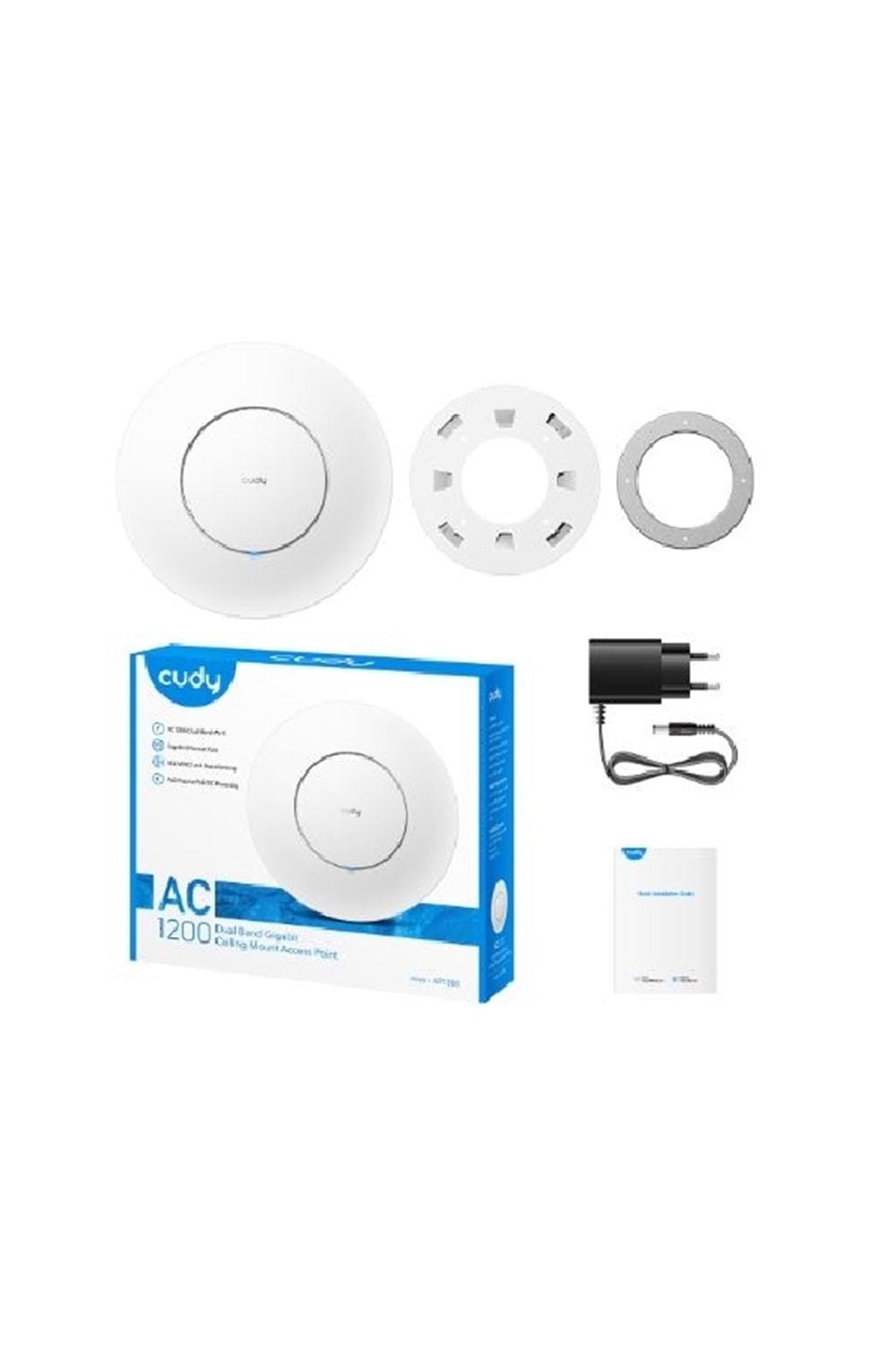 CUDY AP1300 1 Port 10/100/1000Mbps AC1200 4 Anten Tavan Tipi Access PointAC1200 Dual Band Gigabit Ceiling Mount Access Point, MT7621DAN+MT7613B+MT7603E, 867Mbps at 5GHz + 300Mbps at 2.4GHz, 1 x GbE RJ45 Port, Support 12V DC or 802.3af PoE or Passive