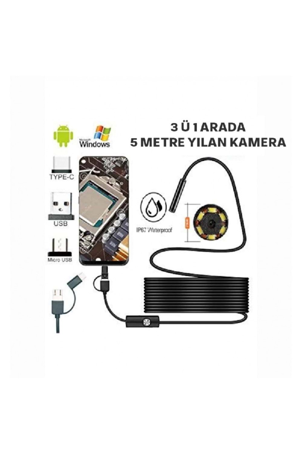 ALOSAT Y-1878 ANDROİD 2METRE 3Kameralı USB Type-C Yılan Kamera