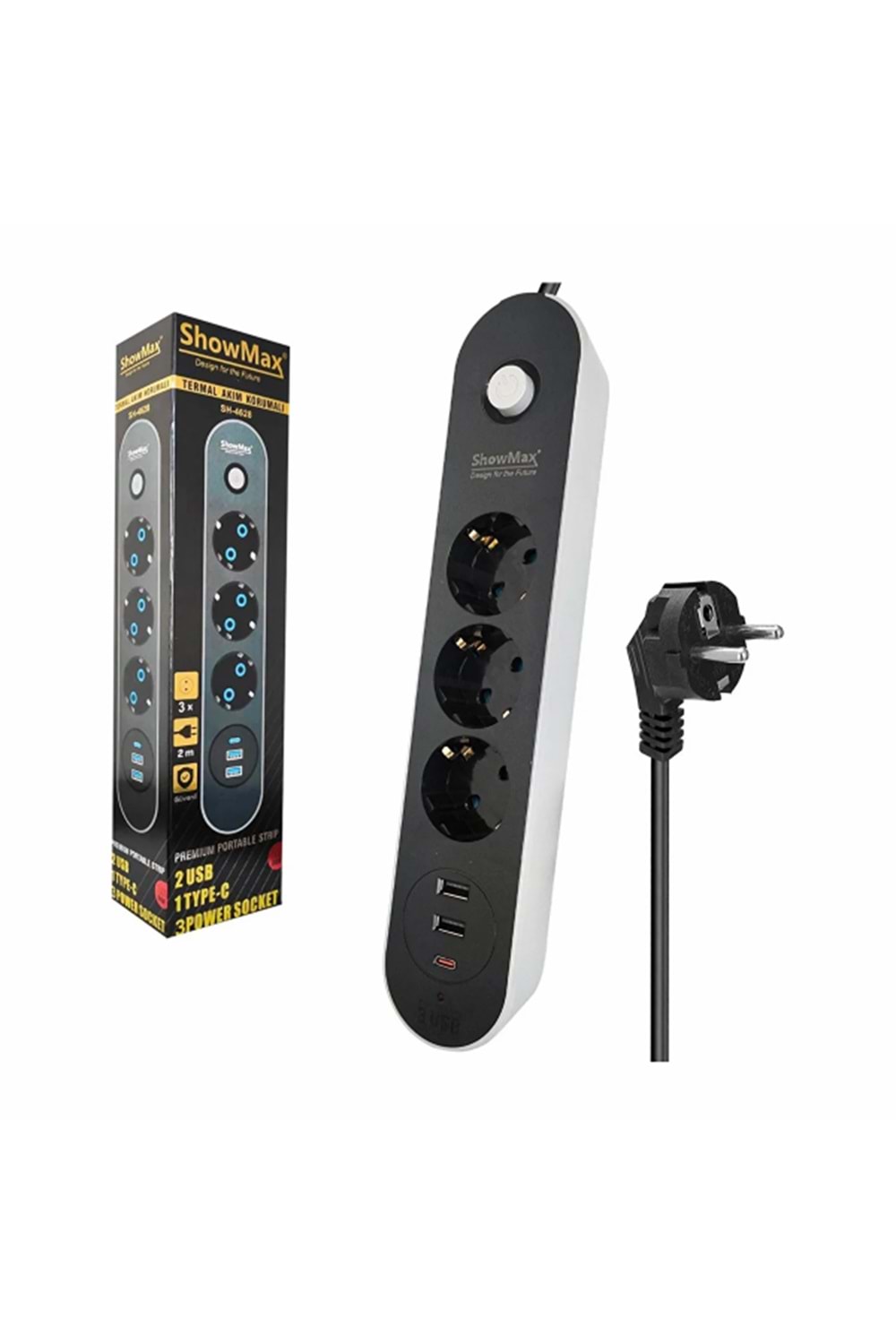 SHOWMAX SH4628 TERMAL AKIM KORUMALI 3*PRİZ + 2*USB + TYPE-C 2M SİYAH
