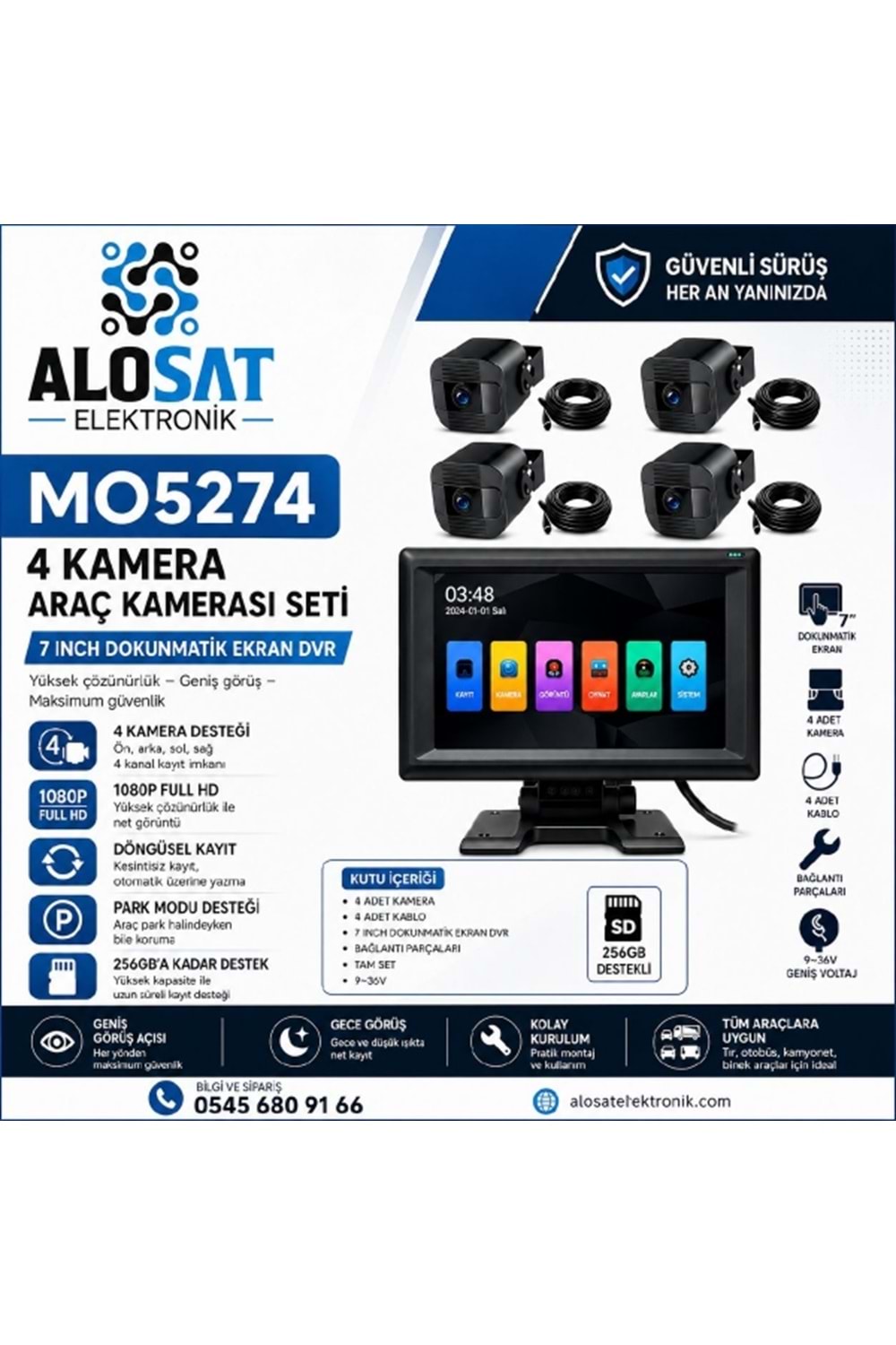ALOSAT MO5274 4KAMERA DOKUNMATIK 7 INCH EKRAN DVR ARAÇ KAMERASI SETİ 256G DEST.