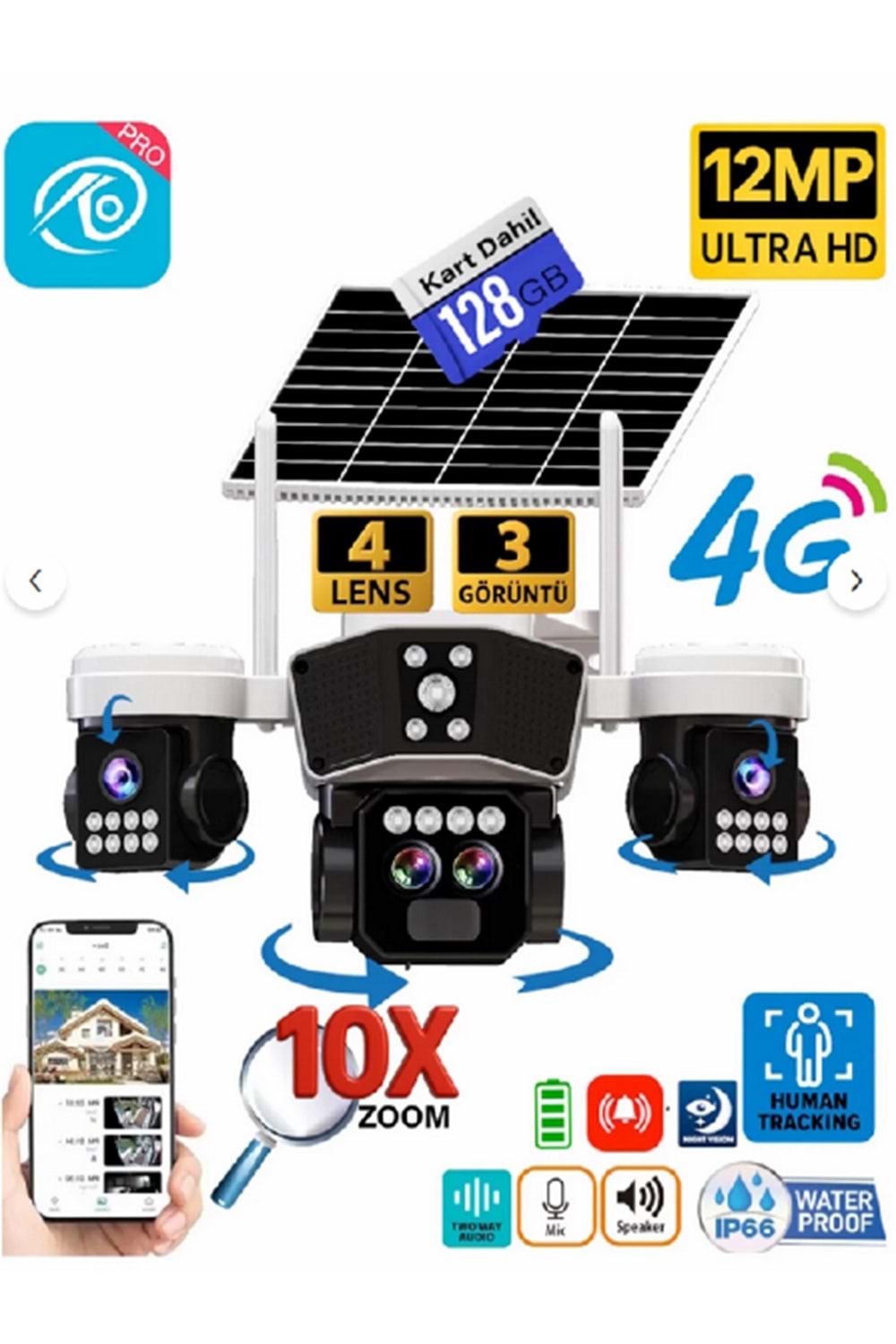 O-KAM 9095 128GB 12MP 10X Zoom 4 Lens 3 Ekran UltraHD 4G Solar Akıllı Güvenlik Kamerası