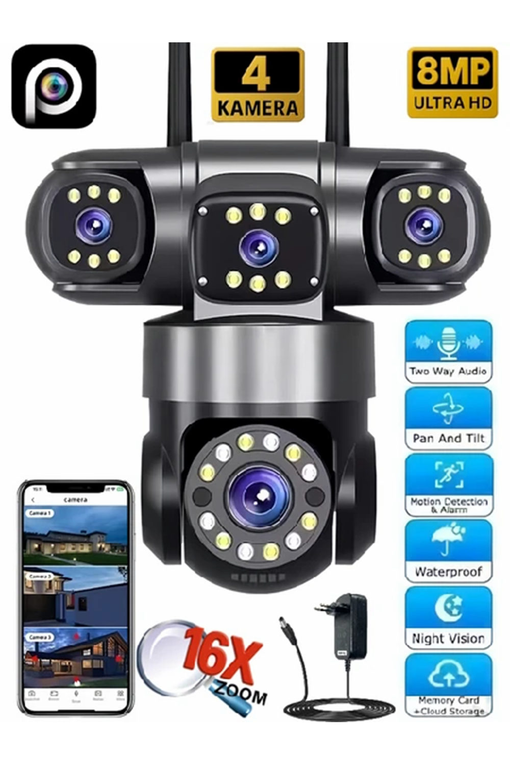 ESVISION ES-5904 8MP 4 Lensli Akıllı Güvenlik Kamerası Hieasy Wifi Gece Görüş Sesli Kişi Takibi