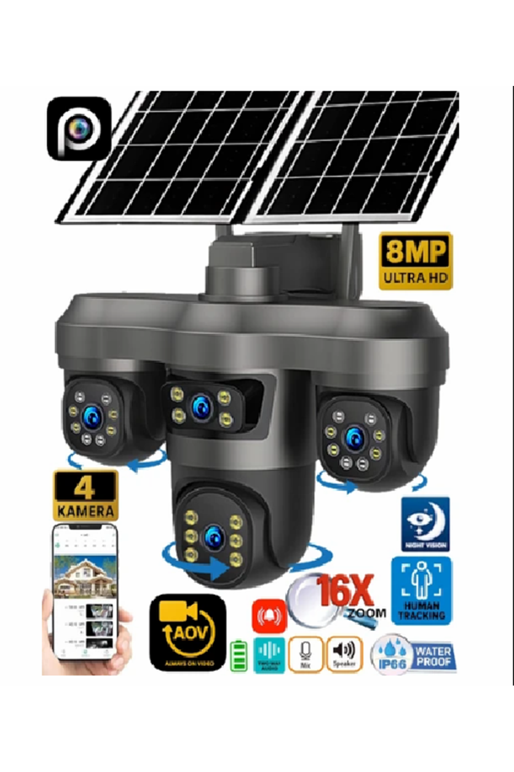 EsVision 5604 8MP 4 Kameralı 4G Çift Solar Panel 16X Zoom Dual Batarya HiEasy AOV (Sürekli Kayıt) Gece Görüş Çift Yönlü Ses