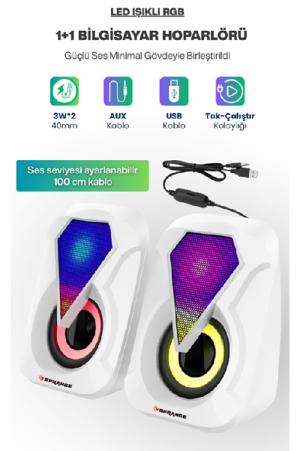 Sprange SR-PN785 3W*2 USB 2.0 + 3.5mm 5V Hoparlör Beyaz SRPN785