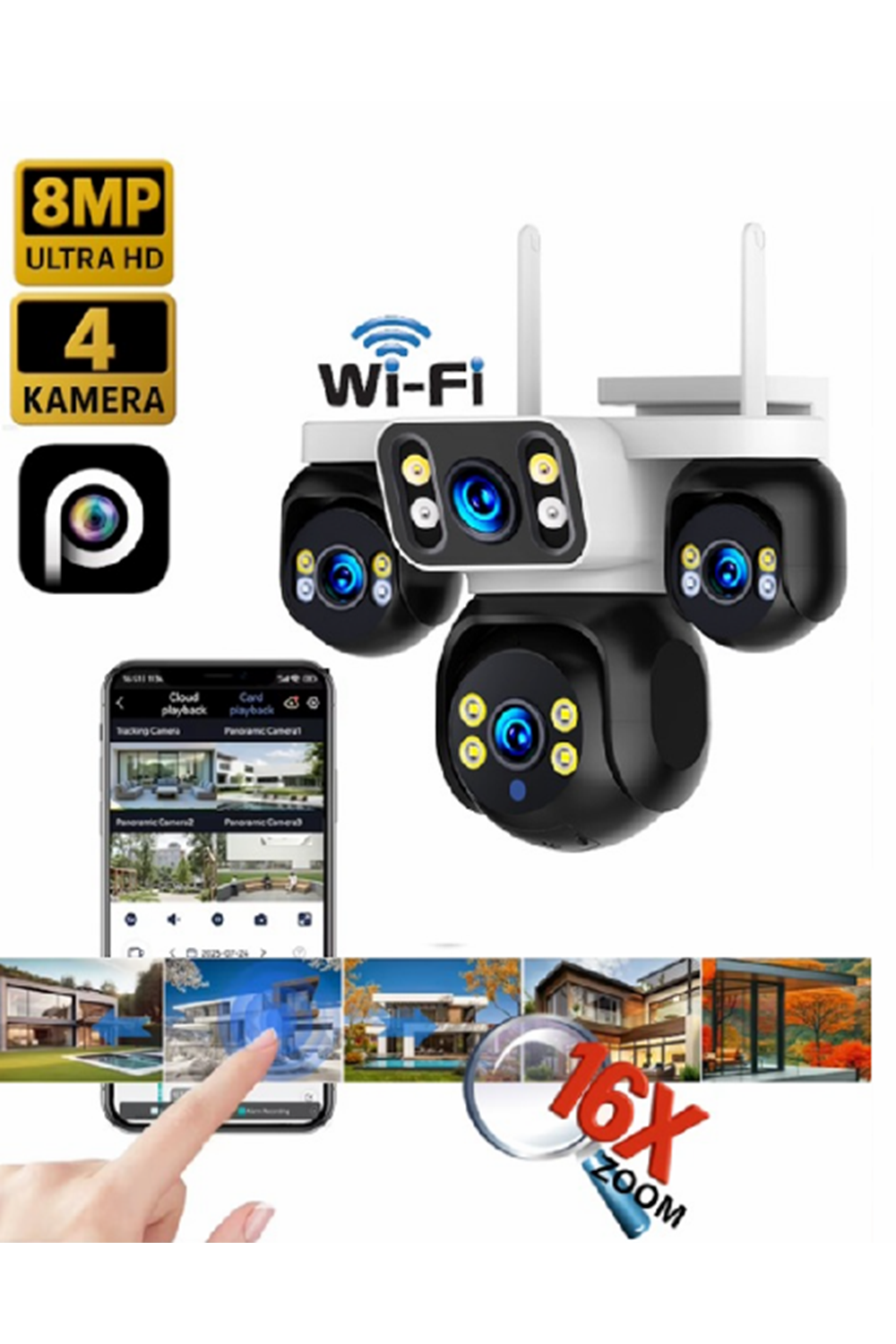 ES-5804 128GB 8MP 4 Kameralı Wifi 16X Zoom HiEasy Gece Görüş Konuşma Uzak İzleme Kişi Takibi