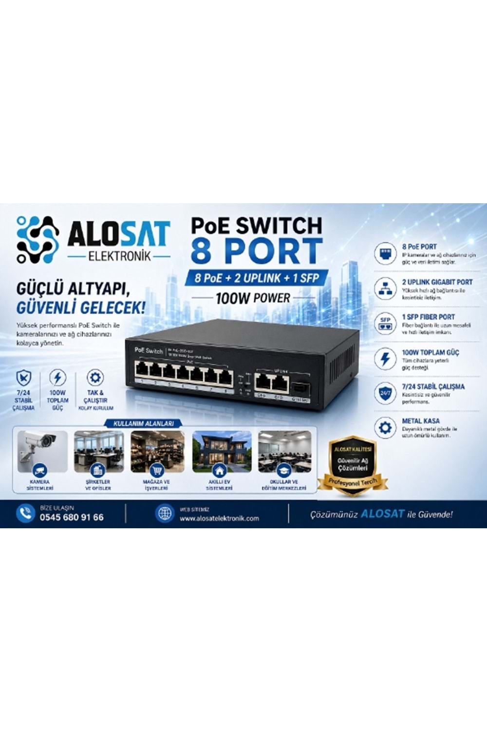 ALOSAT 8PORT 8+2+1 SFP UPLİNK 1000 POE Switch 100W