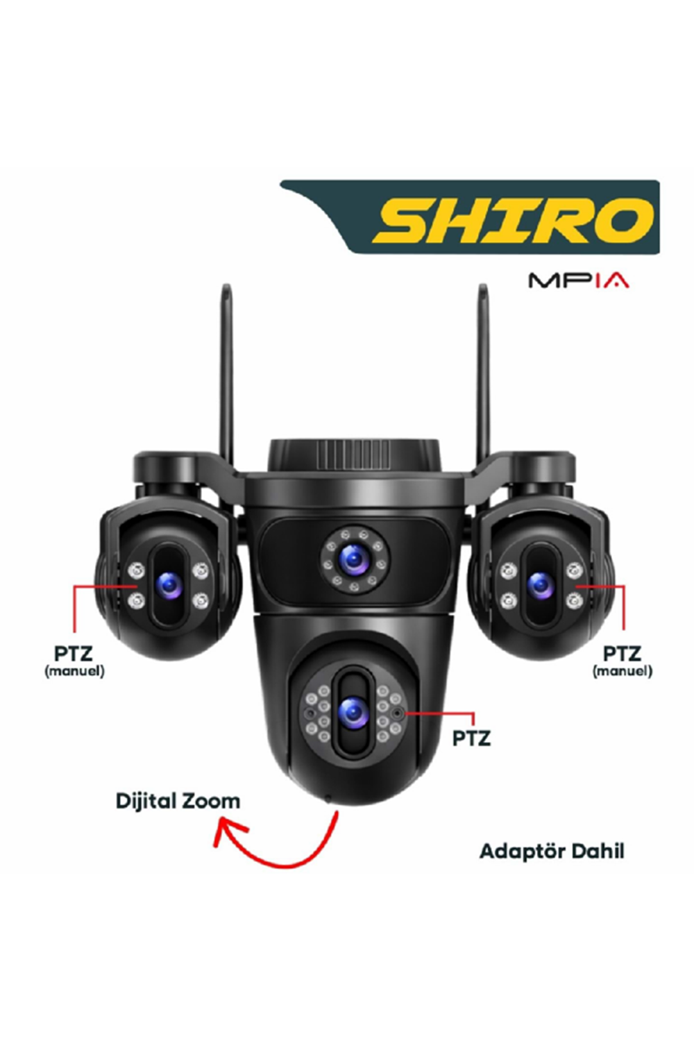 MPIA SHIRO 16 MP Full HD 4 Lensli Wi-Fi Kamera SHIRO - 2+2+2+2 Mp Full HD Kamera- PTZ 355° Yatay , 90° Dikey Açılı Hareketli Lens- Hareket Algılama- Alt Kamera PTZ- Alt Kamera Dijital Zoom- Gece Gündüz Renkli Kayıt- IP66 Suya Dayanıklılık- Türkçe Ses