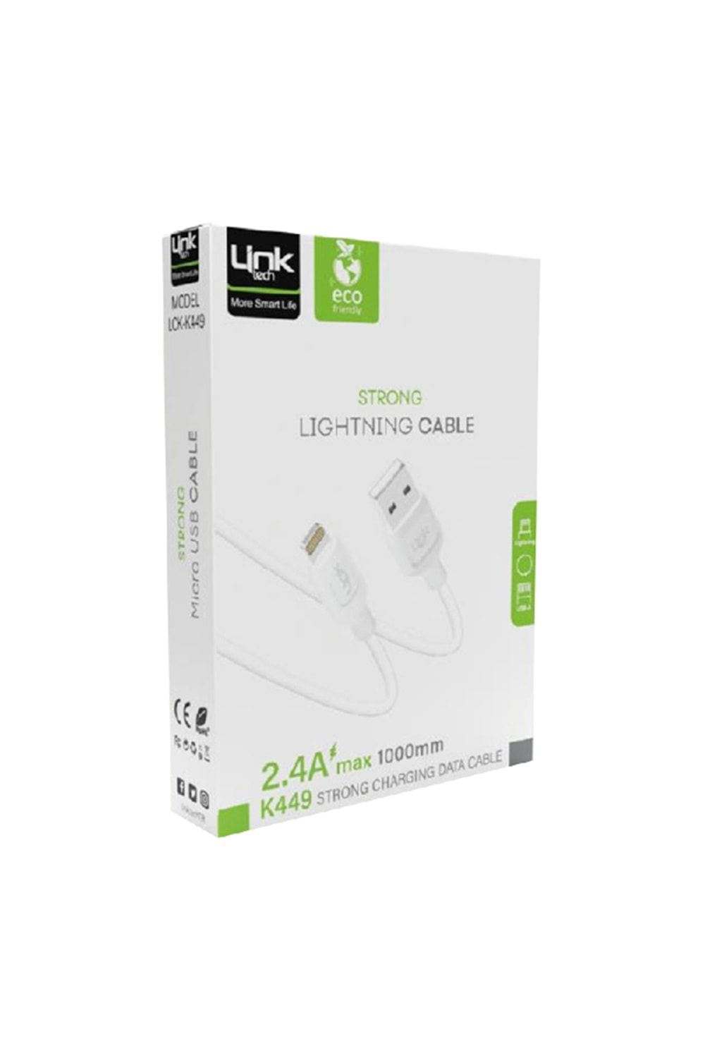 Linktech K449 Strong Lightning - USB Data/Şarj Kablosu 1mt 2.4A Beyaz