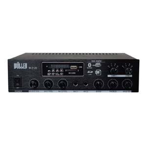 WÖLLER W-2120 2 Bölge Bağımsız KontrolMaximum 100 Watt Çıkış Gücü70-100V ve 4-16 ohm ÇıkışUsb/Sd Kart/ Bluetooth2 Mikrofon GirişiBass/Tiz/Echo Kontrol