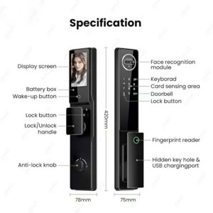 ALOSAT KL6085 MOTORLU KİLİT YÜZ TANIMA , PARMAK İZİ, KART, TUYA SMART LİFE AKILLI KAPI KİLİT SETİ