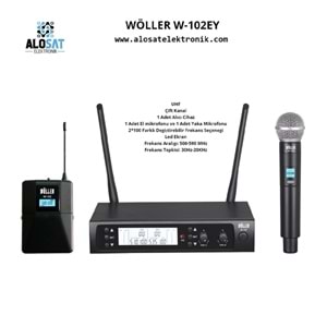 WÖLLER W-102EY UHFÇift Kanal1 Adet Alıcı Cihaz1 Adet El mikrofonu ve 1 Adet Yaka Mikrofonu2*100 Farklı Değiştirebilir Frekans SeçeneğiLed EkranFrekans Aralığı: 500-590 MHzFrekans Tepkisi: 30Hz-20KHz