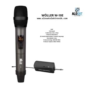 WÖLLER W-10E UHFTek Kanal1 Adet Mini Alıcı Cihaz1 Adet El Mikrofonu20 Farklı Değiştirebilir Frekans SeçeneğiŞarj Edebilir AlıcıFrekans Aralığı: 500-590 MHzFrekans Tepkisi: 40Hz-15KHz