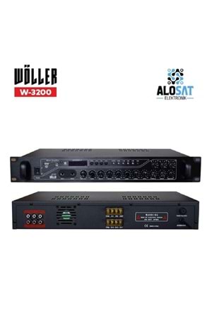 WOLLER W-3200 3 Bölge Bağımsız KontrolMaximum 200 Watt Çıkış Gücü70-100V ve 4-16 ohm ÇıkışUsb/Sd Kart/ Bluetooth2 Mikrofon GirişiAnons Sırasında Otomatik Müzik Kesme ÖzelliğiBass/Tiz/Echo Kontrol