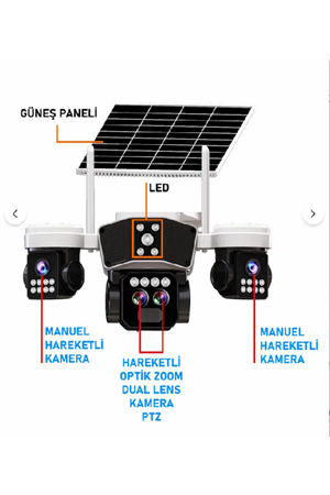 O-KAM 9095 128GB 12MP 10X Zoom 4 Lens 3 Ekran UltraHD 4G Solar Akıllı Güvenlik Kamerası