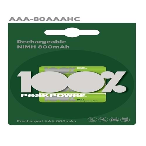 Peak Power 800 Aaa Ince Kalem Ni-mh Şarjlı Pil, 1.2 Volt, 4'lü Kart PP80AAA-C4