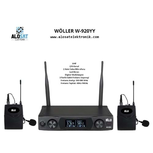 WÖLLER W-920YY UHFÇift Kanal2 Adet Yaka MikrofonuLed EkranDigital Modülasyon3 Farklı Sabit Frekans SeçeneğiFrekans Aralığı: 500-590 MHzFrekans Tepkisi: 40Hz-18KHz