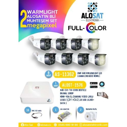 ALOSAT 8Li Set AHD Warmlight 2Megapixel Full Color 8Adet ALOSAT AS-11362 AHD Bullet Gece Renkli 8Warm Light Metal Kasa /1Adet ALOSAT ALOST1576 XVR 8Kanal Kayıt Cihazı XVRView Yazılım H.265 (8TB’ye KADAR)/1Adet Adaptor 10A / 16Adet BNC JAK /2 kamere k