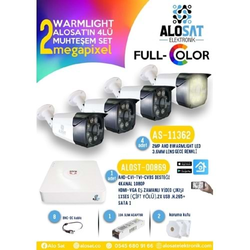 ALOSAT 4Li Set AHD Warmlight 2Megapixel Full Color 4Adet ALOSAT AS-11362 AHD Bullet Gece Renkli 8Warm Light Metal Kasa /1Adet ALOSAT ALOST00892 XVR 4Kanal Kayıt Cihazı Xmeye Yazılım H.265+ (8TB’ye KADAR)/1Adet Adaptor 10A / 8Adet BNC JAK /2 kamere ku